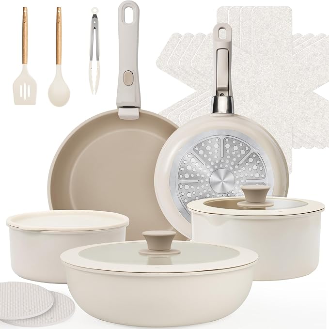 KIKCOIN Ceramic Cookware Set, 20 Pack Nonstick Pots and Pans Set