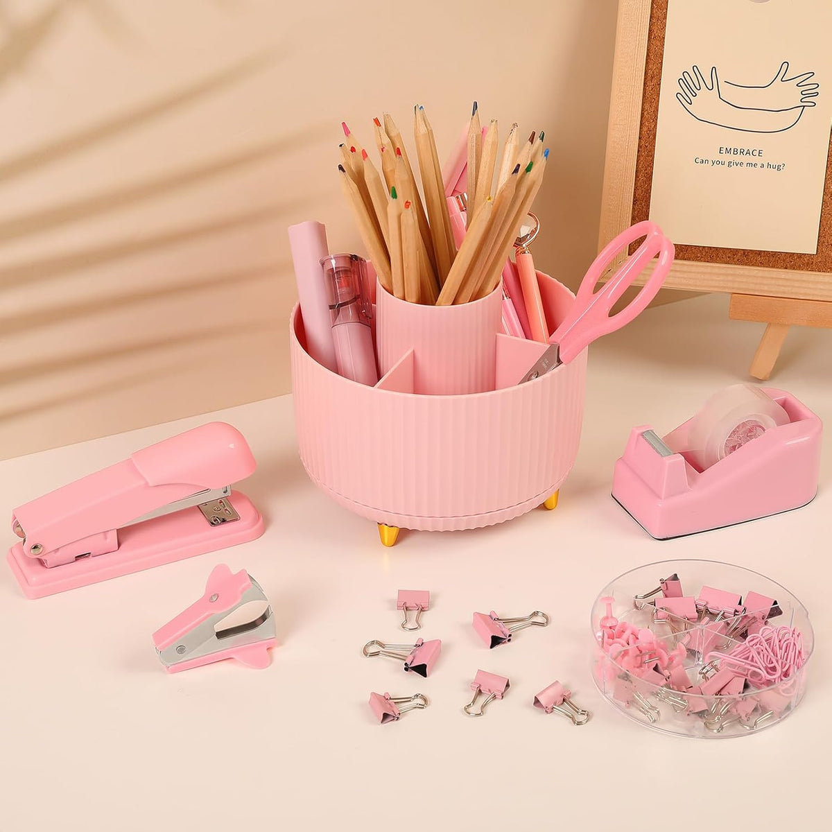 SKYDUE Pink Desk Accessories 10Pcs, Rotating Pen Holder for Desk, Stapler, Staple Remover, Tape Dispenser,2pcs Tape Refills, Binder Paper Clips Kit, Scissor,Pink Office School Supplies