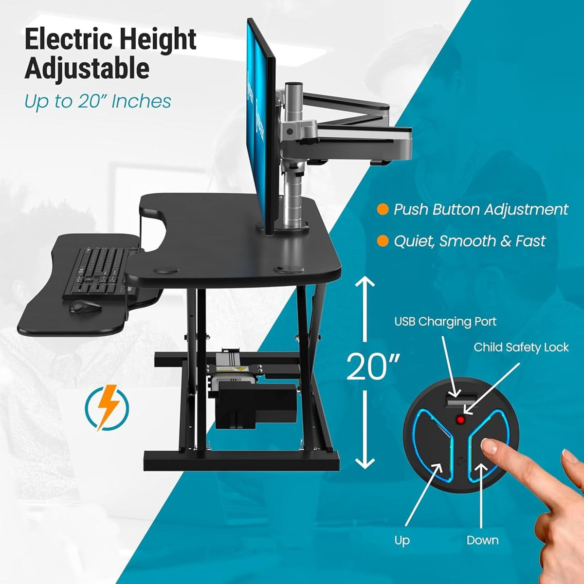 VERSADESK PowerPro™ 36 Inch Electric Standing Desk Converter, Height Adjustable Sit to Stand Up Desk Riser, Laptop and Dual Monitor Desktop Workstation with Wide Keyboard Tray and USB Port, Black
