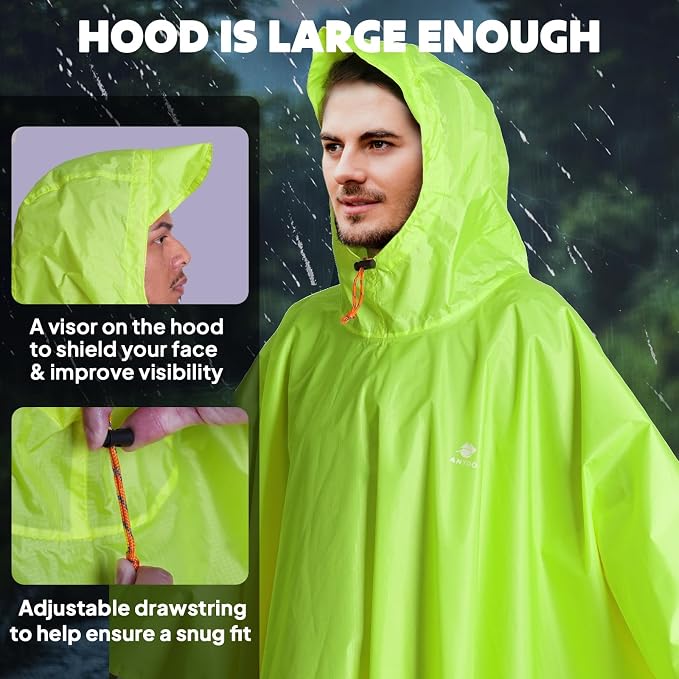 ANYOO Hooded Rain Poncho for Adults Waterproof Lightweight Rain Coat for Men
