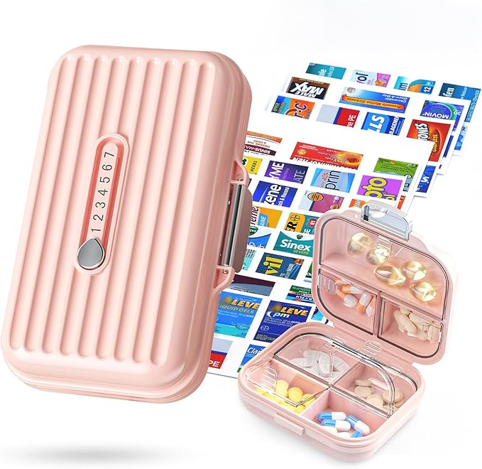 Travel Pill Organizer Box with Medicine Labels, Daily Medication Organizer