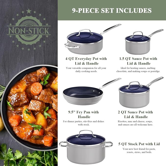Nuwave 9pc Cookware Set Healthy Duralon Blue Ceramic Nonstick Coated, Diamond