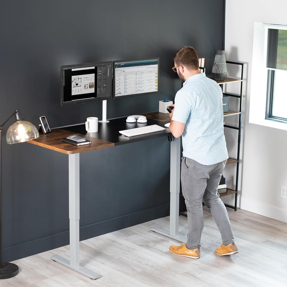 VIVO Electric 71 x 30 in Rustic Standing Desk, Memory Height Adjustment, 1B Series, Black and Vintage Brown Top, Gray Frame, DESK-KIT-1G7BN