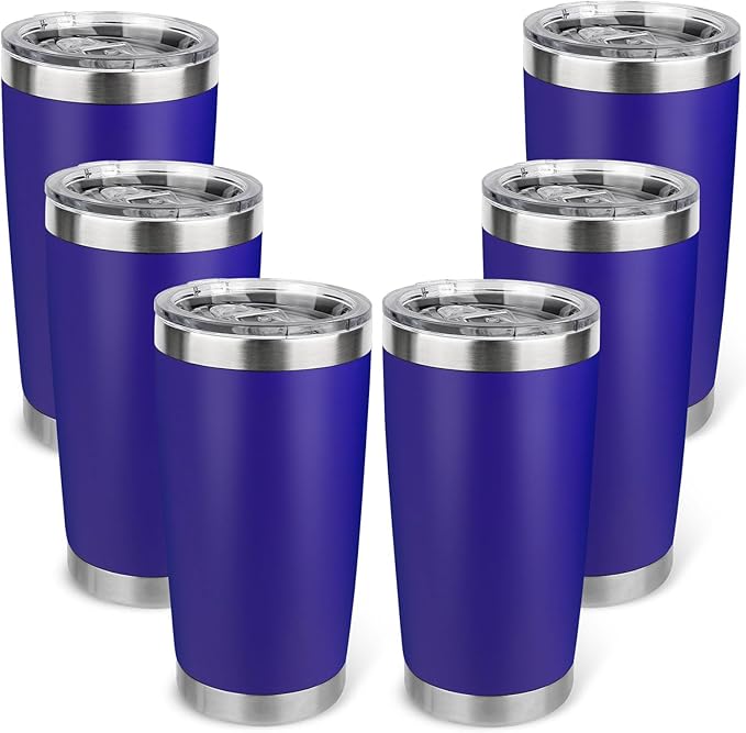 20oz Stainless Steel Tumbler Bulk with Lid, Travel Mug - Double Wall Vacuum Powder Coated Cup - Dark Blue, 6 Pack
