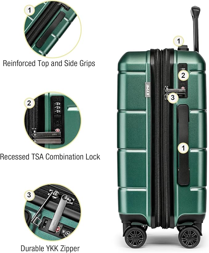 KYME Green Carry On Luggage 22x14x9 Airline Approved Expandable 20 Inch