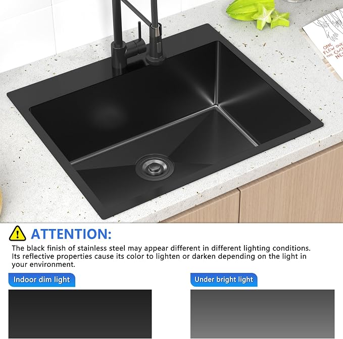 25x22 Inch Black Drop In Kitchen Sink, 25 Inch Gunmetal Black Kitchen Sink Top