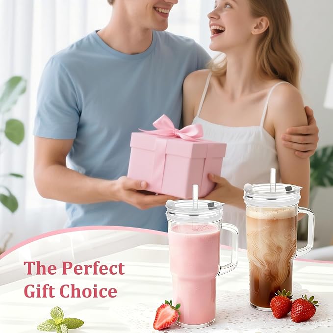 Birity 24oz Pink Bow Glass Cups with Lids and Straws,2 Set Glass Tumbler with Handle,Galss Cup with Stickers and Aesthetic Iced Coffee Cup for Smoothies,Tea,Juice,Boba,Christmas Gifts for Women