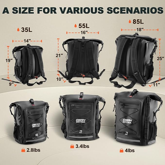 Waterproof Backpack Dry Bag 35L/55L/85L – Heavy Duty Roll-Top Hiking Backpack