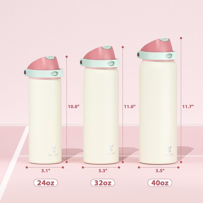 32 oz Insulated Water Bottle with Straw: Meoky Stainless Steel Metal Water Bottle with 2-in-1 Lid - Leak Proof, Cold for 24 Hours, Protective Silicone Base, BPA-Free for Sports Gym, Cream