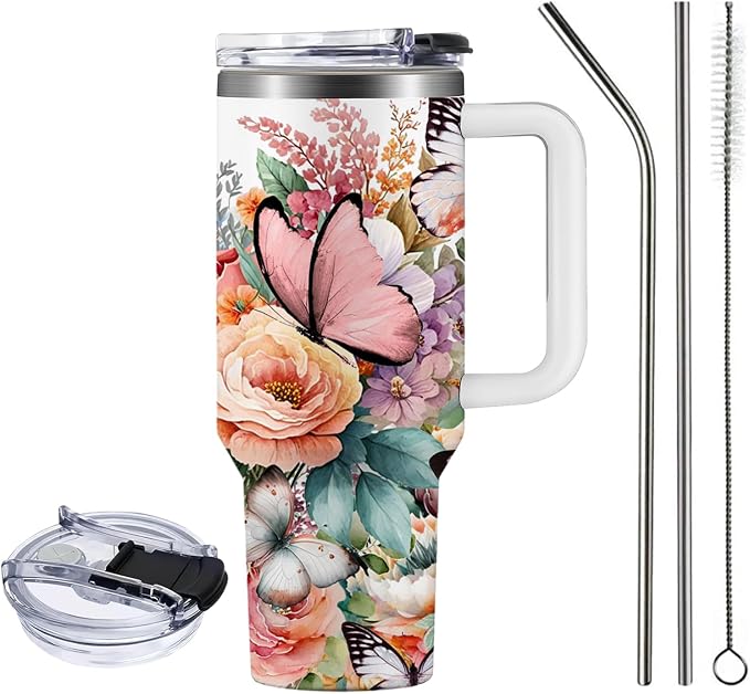 Christian Gifts for Women, 40 oz Christian Tumbler with Handle, Christian Birthday Gifts for Women, Religious Gift for Flower Butterfly Lords Prayer Cross Christian Cup