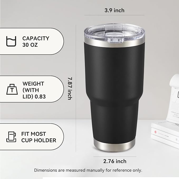 30 oz Tumbler with Lid Stainless Steel Tumblers Bulk Vacuum Insulated Cup Reusable Powder Coated Travel Mug Double Wall Leak Proof Cups Keep Cold Drinks for 12 Hours Black, Set of 4