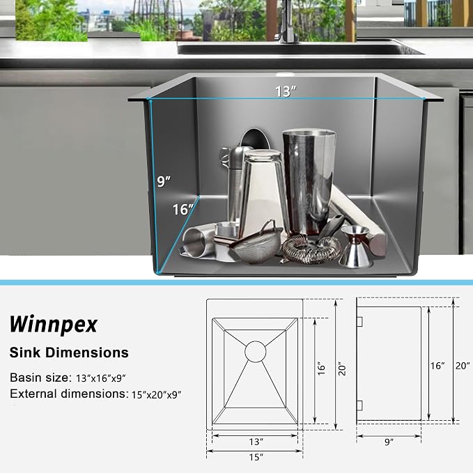 15x20 inch Drop in Bar Sink, 15 inch Small Kitchen Sink 18 Gauge Single Bowl