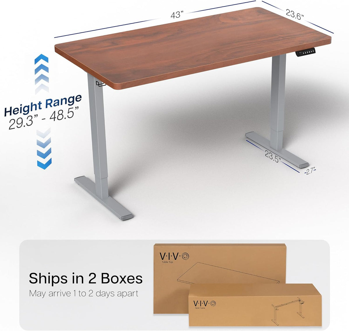 VIVO Electric 43 x 24 in Standing Desk, Memory Height Adjustment, 1B Series, One-Piece Dark Walnut Top, Gray Frame, DESK-KIT-1G4D