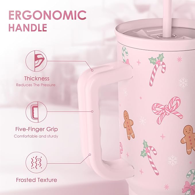 SANDJEST Christmas Theme 40oz Slider Tumbler with Handle and Straw - Insulated Stainless Steel Travel Coffee Mug for Women Girls, Gift for Birthday Xmas