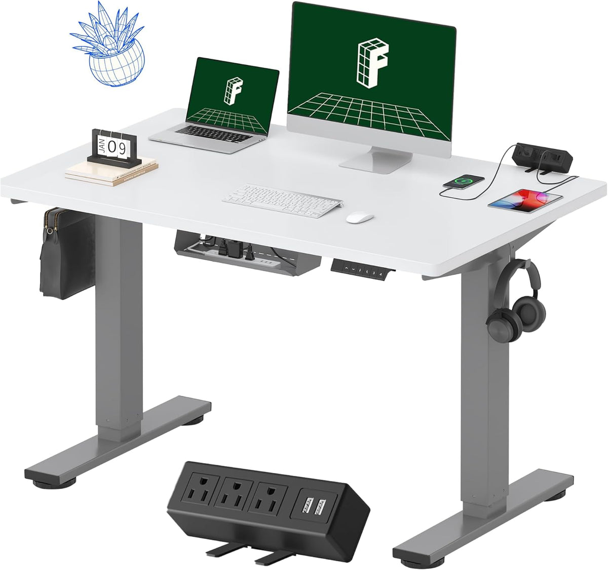 FLEXISPOT EN2 Whole-Piece Standing Desk with Clamp Power Strip, 48 x 30 Electric Stand Up Height Adjustable Desk with Cable Management (Gray Frame + 48" White Top, 2 Packages)