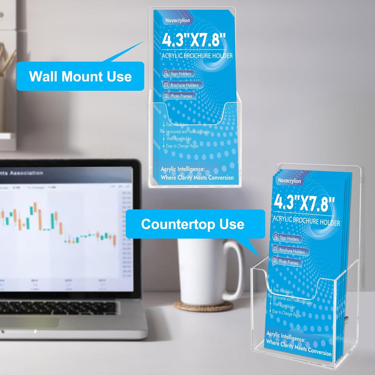 Acrylic Brochure Holder 2 Pack Clear 3 mm Thick Convertible Wall Mount & Desktop Display Stand for Flyers Menus Posters Office Retail Restaurant (2 Pack, 4.3*7.8inch)