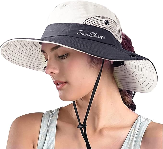 ZOORON Women's Ponytail Safari Sun Hat, Wide Brim UV Protection Outdoor Bucket
