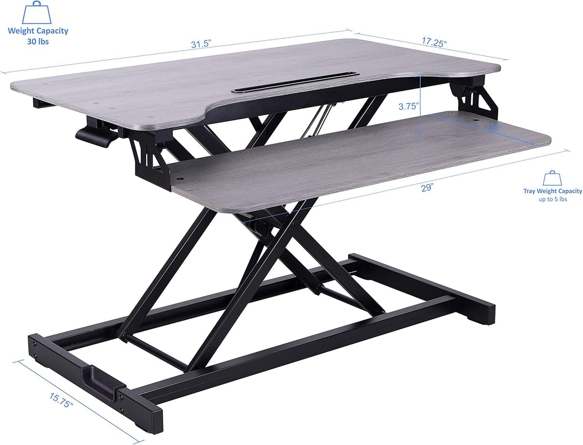 Rocelco Standing Desk Converter 31.5 Inch Sit Stand Up Dual Monitor Tabletop Riser with Tablet Mount, Height Adjustable Home Office Workstation - Deep Keyboard Tray for Laptop Mouse - Gray (R VADRG)