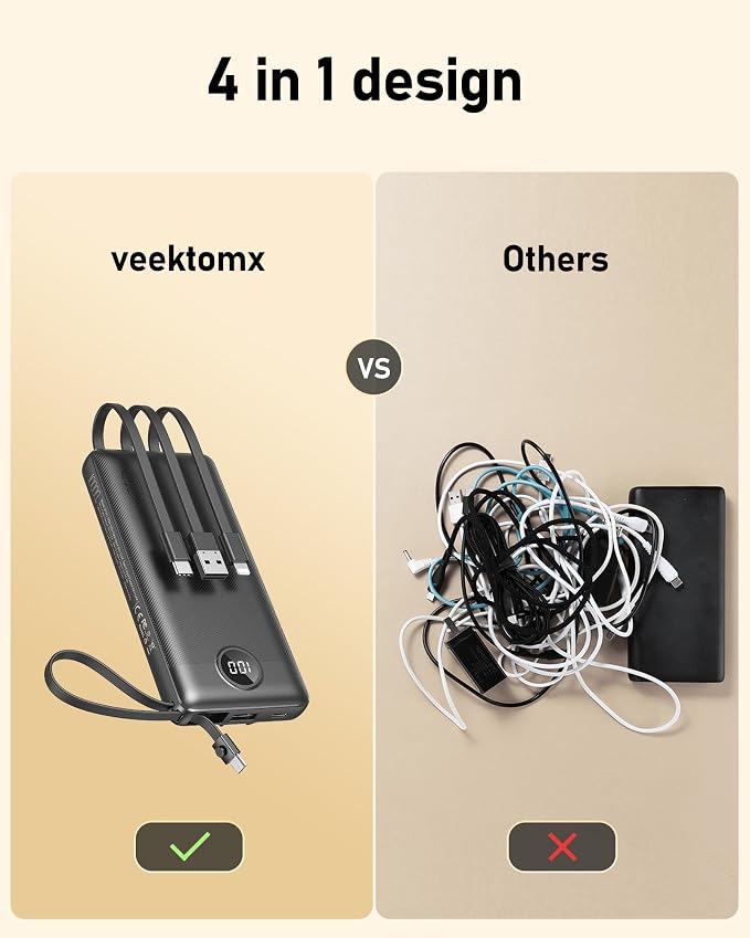 VEEKTOMX Portable Charger with Built-in Cables 10000mAh Power Bank