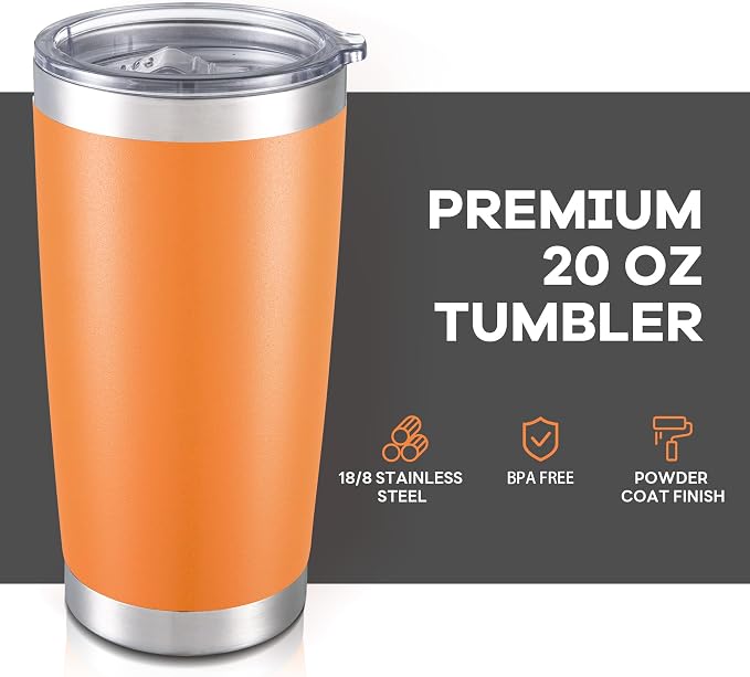 20 oz Tumbler with Lid Stainless Steel Insulated Tumblers Bulk Double Wall Vacuum Cups Powder Coated Travel Mug Keep Drinks Cold and Hot, Orange, 12 Pack