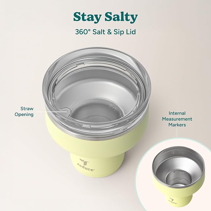 REDUCE Saltini 16 oz Cocktail Tumbler - Insulated Margarita Tumbler with Lid - Keeps Drinks Cold for 10 Hours - 360 Sippable Martini Glass Alternative - Shatterproof, Perfect for Parties - Lemon Luau