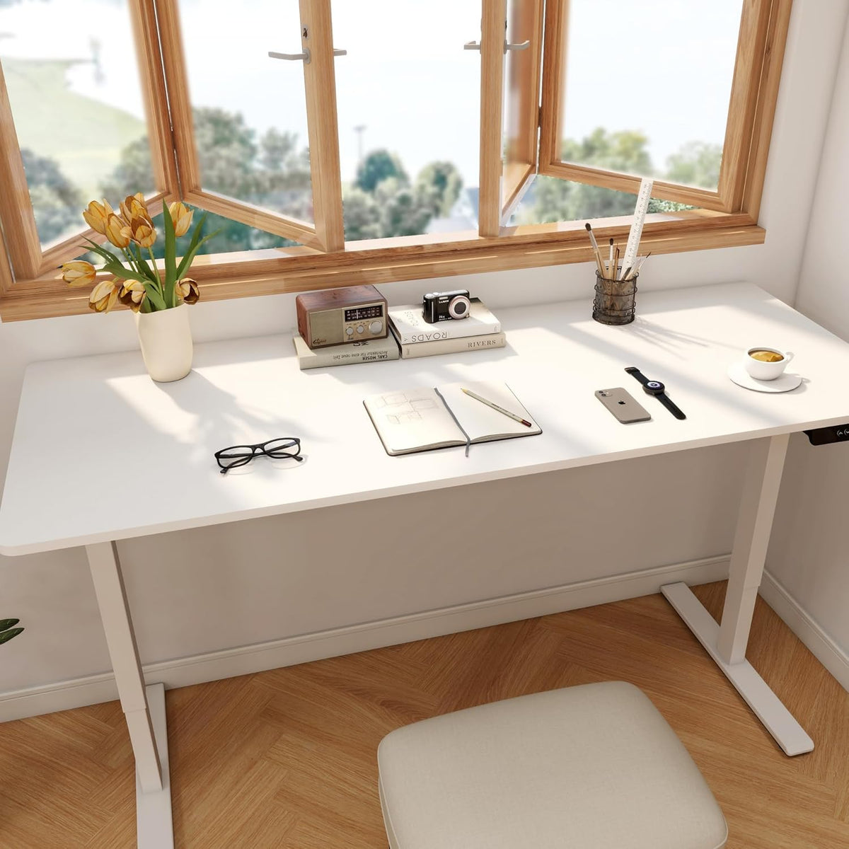 FLEXISPOT 63 x 28 Inch Dual Motor Standing Desk, Computer Desk with Memory Controller, Home Office Desk with Splice Board (White Frame + 63" White Desktop, 2 Packages)