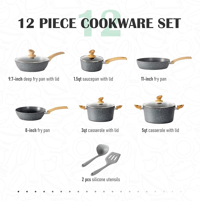 MAISON ARTS Pots and Pans Set Non Stick, 12 Piece Grey Granite Kitchen Cookware