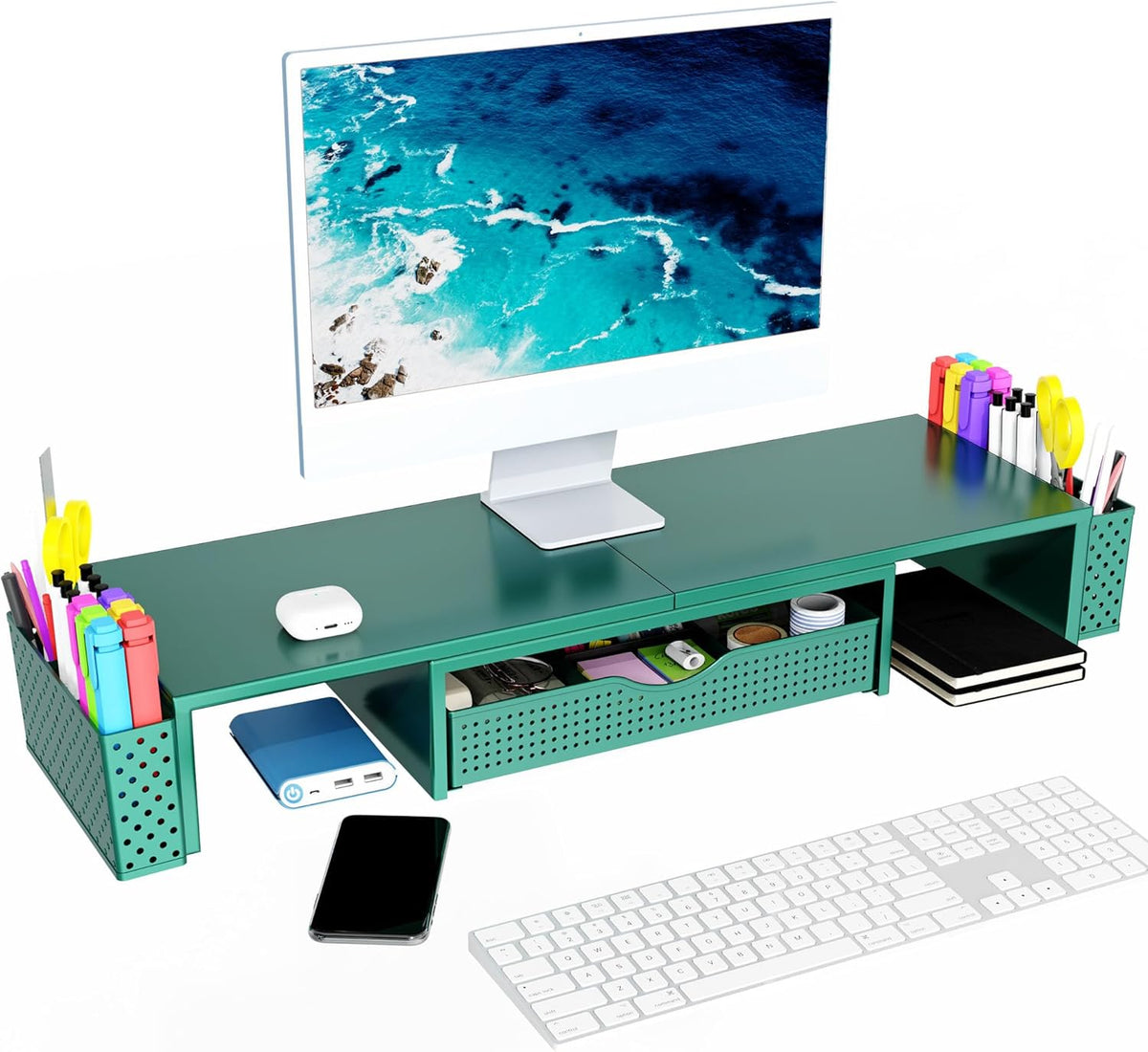 Spacrea Metal Desk Organizers and Accessories, Dual Monitor Stand Riser with Drawer and 2 Pen Holders, Desk Accessories & Workspace Desktop Organizers for Office Supplies (Dark Gree)