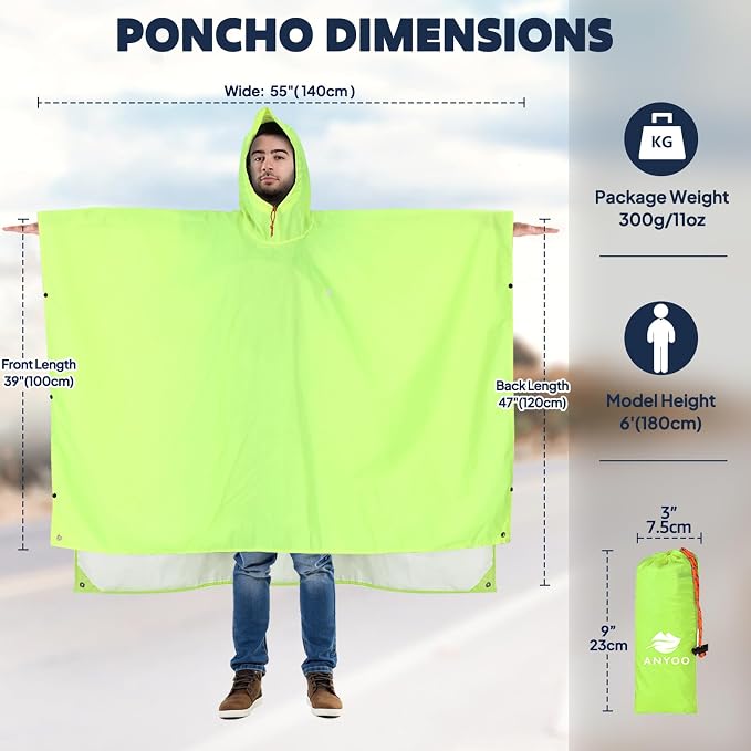 ANYOO Hooded Rain Poncho for Adults Waterproof Lightweight Rain Coat for Men
