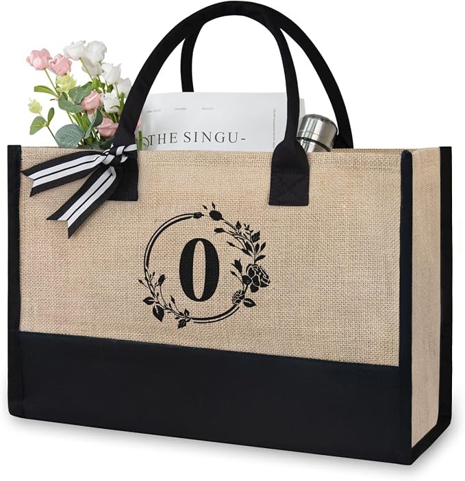 TOPDesign Personalized Initial Jute/Canvas Beach Bag, Monogrammed Gift Tote Bag