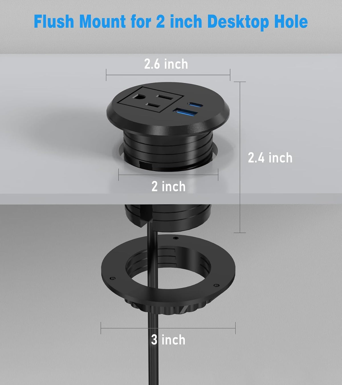 2 inch Desk Power Grommet Outlet, Recessed Power Outlet with 20W USB-C Fast Charging, for Conference Rooms, Office Tables, Furniture, 6FT Cord(ETL Listed)