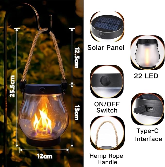 Solar Lantern Outdoor Lights, Flickering LED