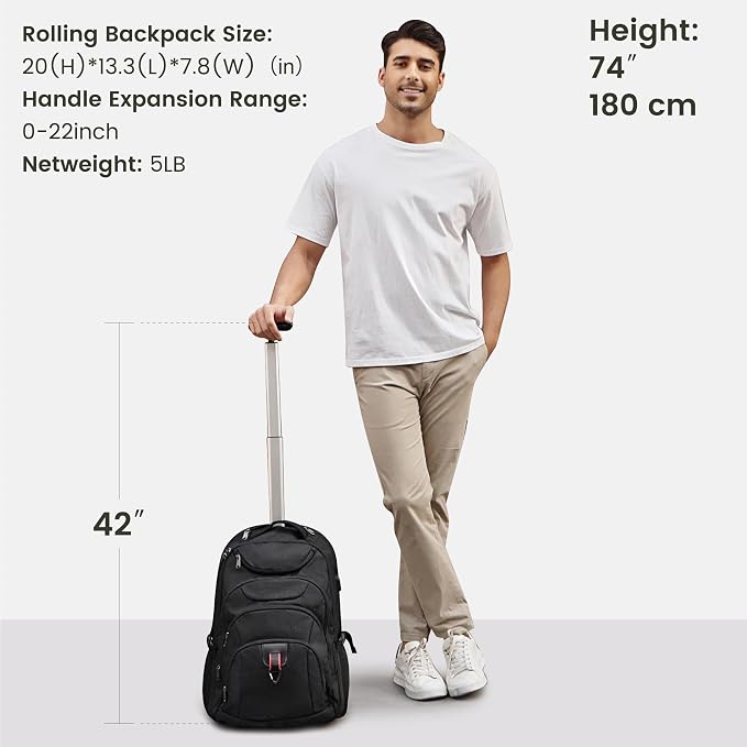 Boavan Rolling Backpack, 17 inch Water Resistant Wheeled Backpack, Carry on