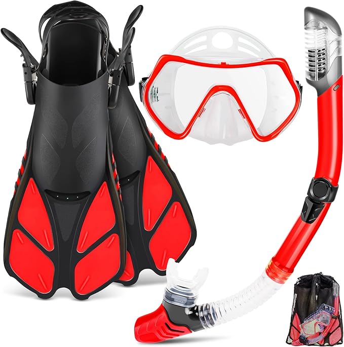 ZEEPORTE Mask Fin Snorkel Set, Travel Size Snorkeling Gear for Adults with Panoramic View Anti-Fog Mask, Trek Fins, Dry Top Snorkel and Gear Bag for Swimming Training, Snorkeling Kit Diving Packages