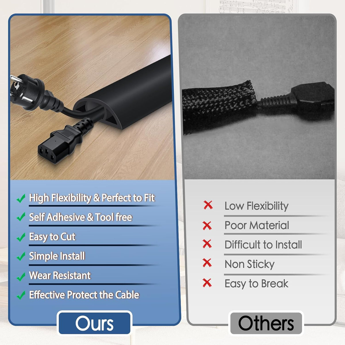 Floor Cord Cover for Wires on Floor Self Adhesive Cord Hider Floor Cable Management Wire Covers for Cords Protector Prevent Cable Trips Cord Cavity W 0.51" x H 0.31", Black, 20Ft