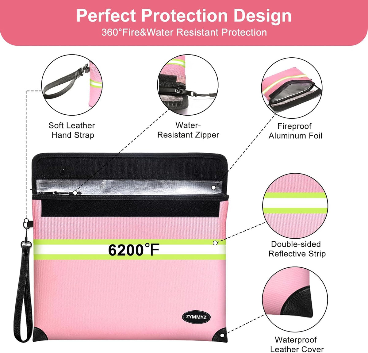 6200°F Upgraded Fireproof Document Bag with Waterproof Zipper,9 Layers of Heat Insulated Materials,Fireproof Money Bag for Cash,Valuables and Important Documents（Not Suitable for A4 Files）