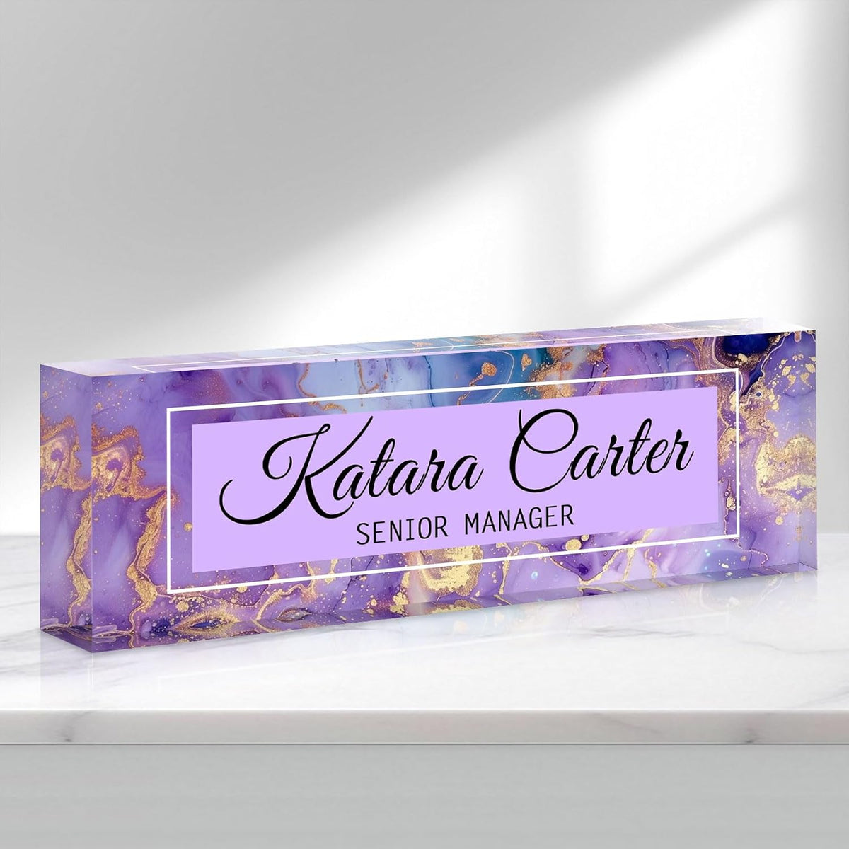 Name Plate for Desk Personalized, Acrylic Desk Decorations, Employee Appreciation Gifts, Custom Office Gifts for Coworkers, Boss, Teacher, Nurse (Purple Gold Marble)