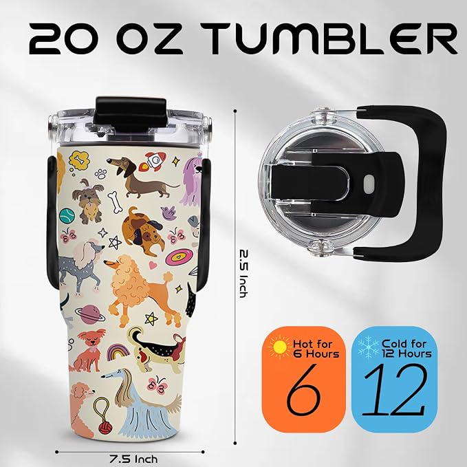 20oz Dog Tumblers - Dogs Tumbler with Straw Handle, Leak-proof, BPA-free, Double Wall Insulated, Sports Gifts Cup for Boys Girls, Insulated Coffee Tumbler Puppy Stainless Steel Cup Gifts