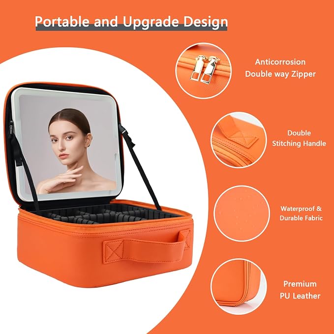 Makeup Bag with Led Mirror, Travel Makeup Organizer with 3 Color Setting