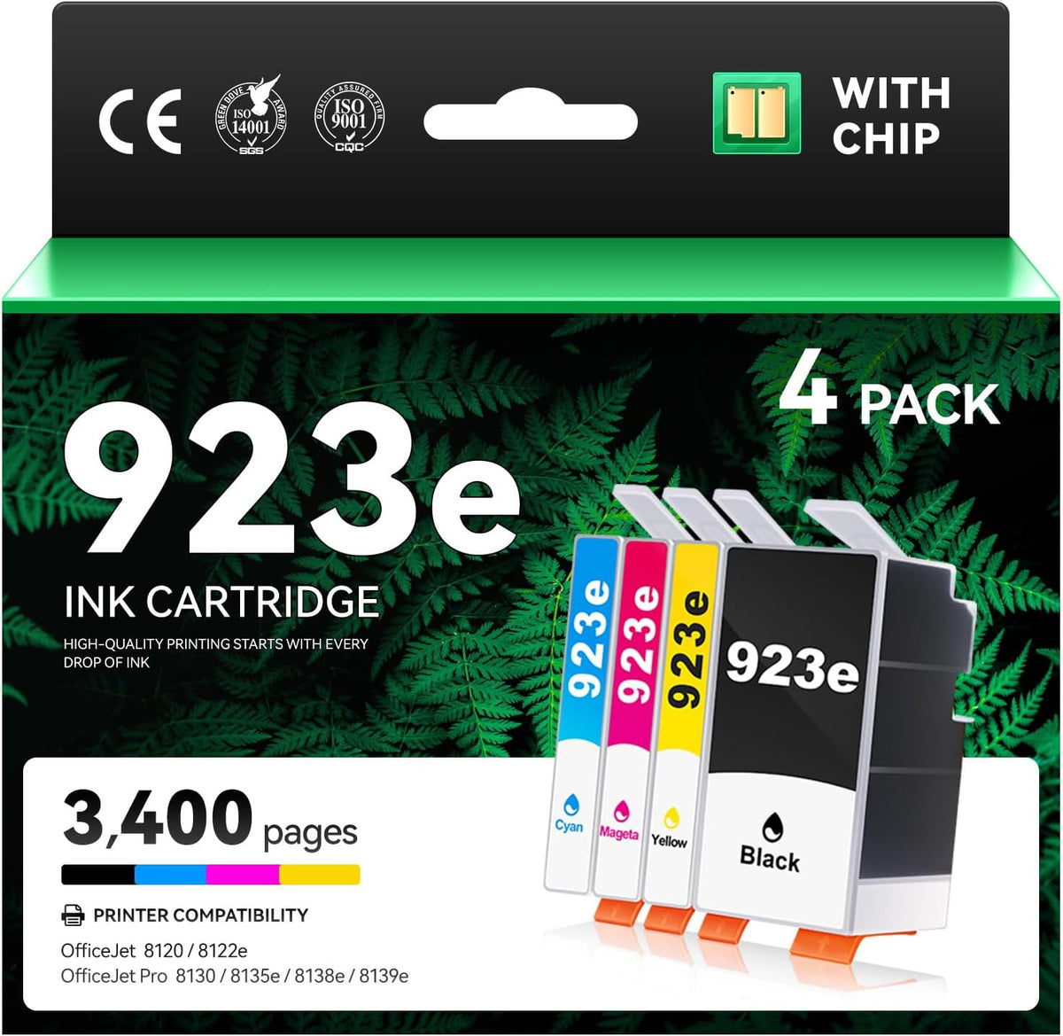 923 923e Ink Cartridges with chip Printers 4-Pack High Yield Black Cyan Magenta Yellow Replacement for HP 923 923e 923XL Ink Compatible for OfficeJet Pro 8135e 8138e 8139e 8122e 8120 8123 8130 8133