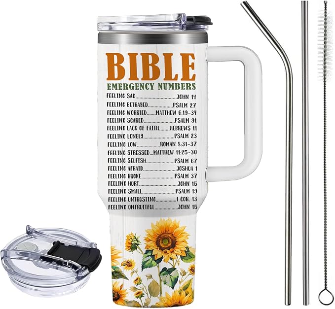 Sunflower Christian Gifts for Women, 40 oz Bible Emergency Numbers Tumbler with Lid and Straw, Inspirational Religious Birthday Gifts for You are Cup Christian