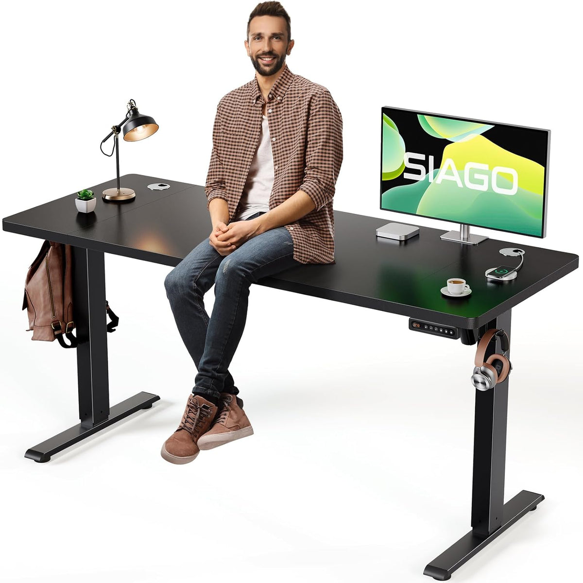 SIAGO Electric Standing Desk Adjustable - 55 x 24 Inch Sit Stand up Desk with Cable Management - 3 Memory Preset Adjustable Height Table