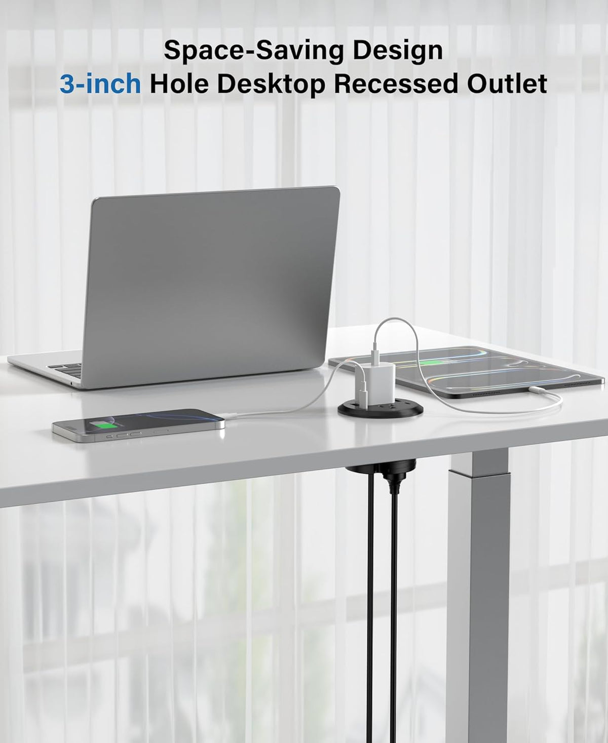 Jgstkcity Power Strip,Flush Mount Recessed Power Grommet,65W USB C Fast Charging,3-Inch Hole, 4 Outlets & 4 Ports, Ideal for Desktop & Countertop Outlet,Dual-Sided (Black, 6FT)