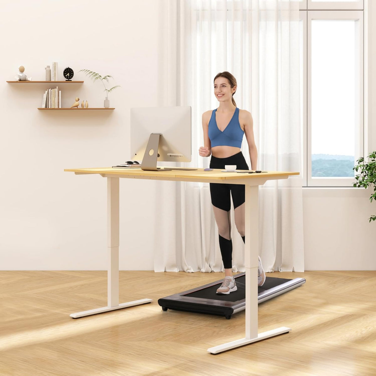 FLEXISPOT E3 Bamboo Dual Motor 48x24 Inch Electric Height Adjustable Standing Whole-Piece Board Sit Stand Up Desk (White Frame + Bamboo Curved Desktop)