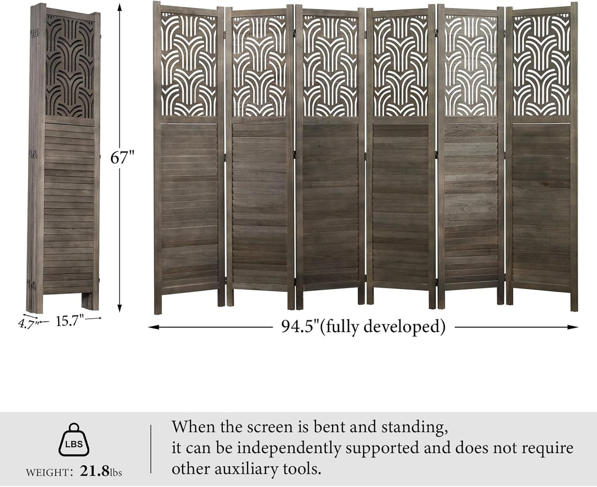 Folding Room Divider, 66.9 Inch 6 Panels Wood Carved Privacy Screens, Free Assembled Freestanding Portable Separation Wall for Home Office Restaurant Bedroom (Gray)