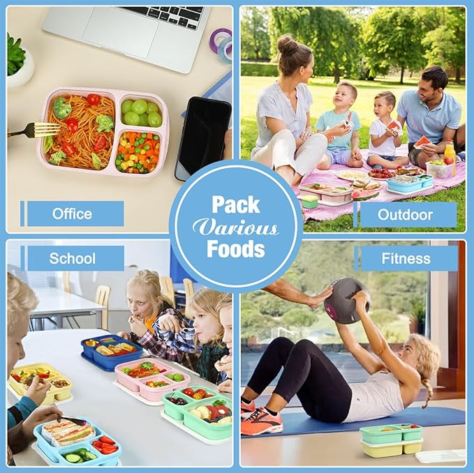 Caperci Bento Lunch Box Containers for Adults & Kids - 3-Compartment Reusable Meal Prep Containers with 2 Sauce Containers for School, Work, Travel, Wheat Straw, 4-Pack (Vintage Colors)