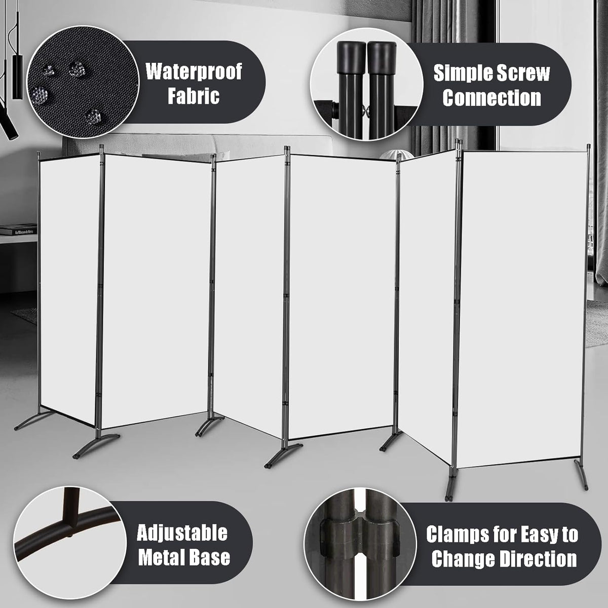 Room Divider-6 Panels White Folding Privacy Screens, 6 ft Partition Room Dividers Wall for Separation, Home, Office, Classroom, Studio