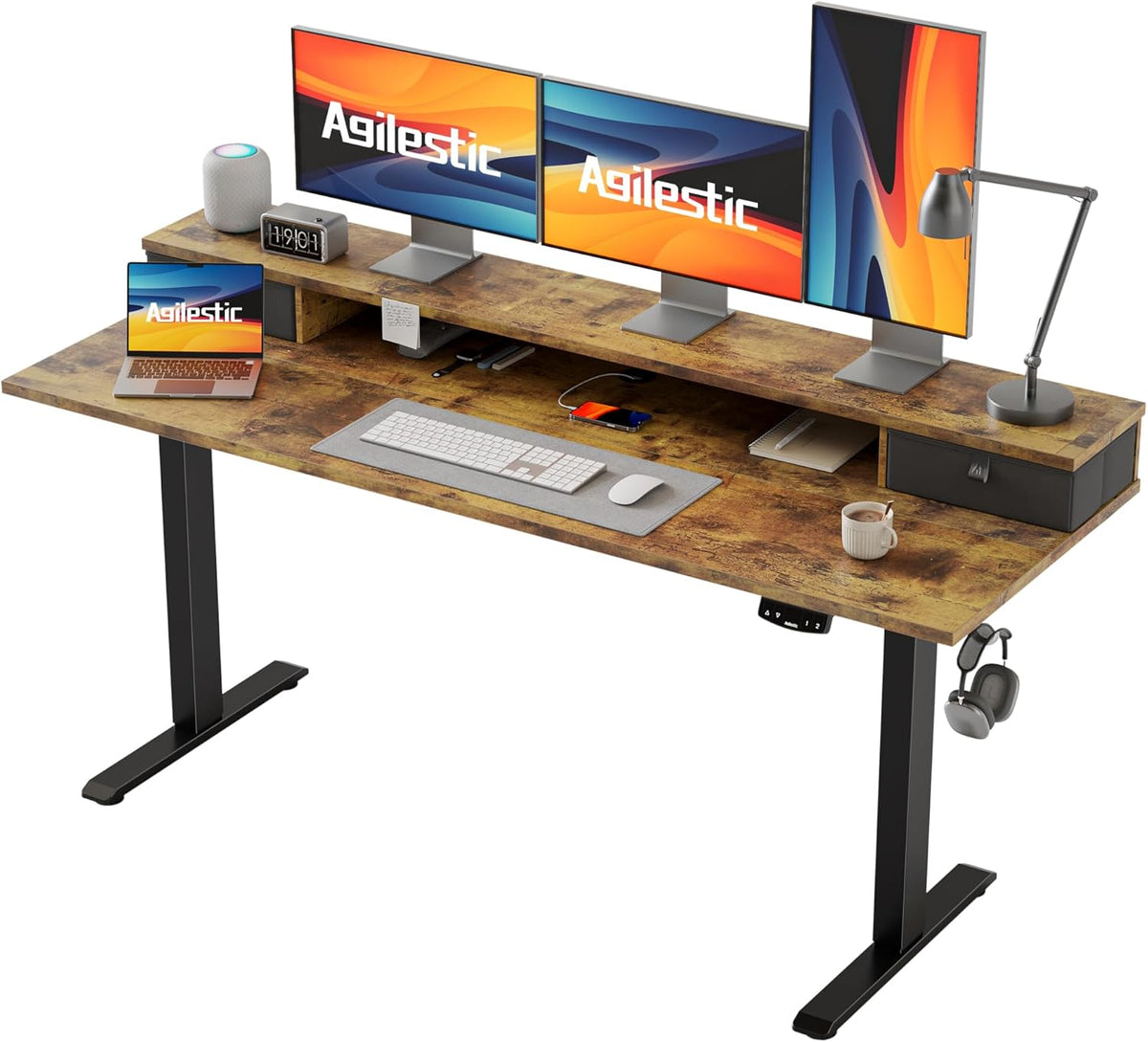 Agilestic 63 x 24 Inches Height Adjustable Electric Standing Desk with 2 Drawers, Stand Up Electric Desk Adjustable Height, Sit Stand Computer Gaming Table with Splice Board, Rustic Brown
