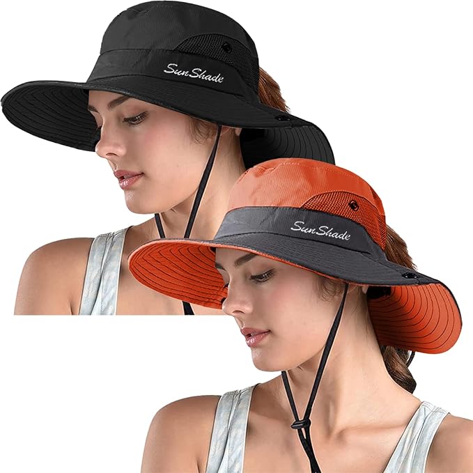 ZOORON Women's Ponytail Safari Sun Hat, Wide Brim UV Protection Outdoor Bucket