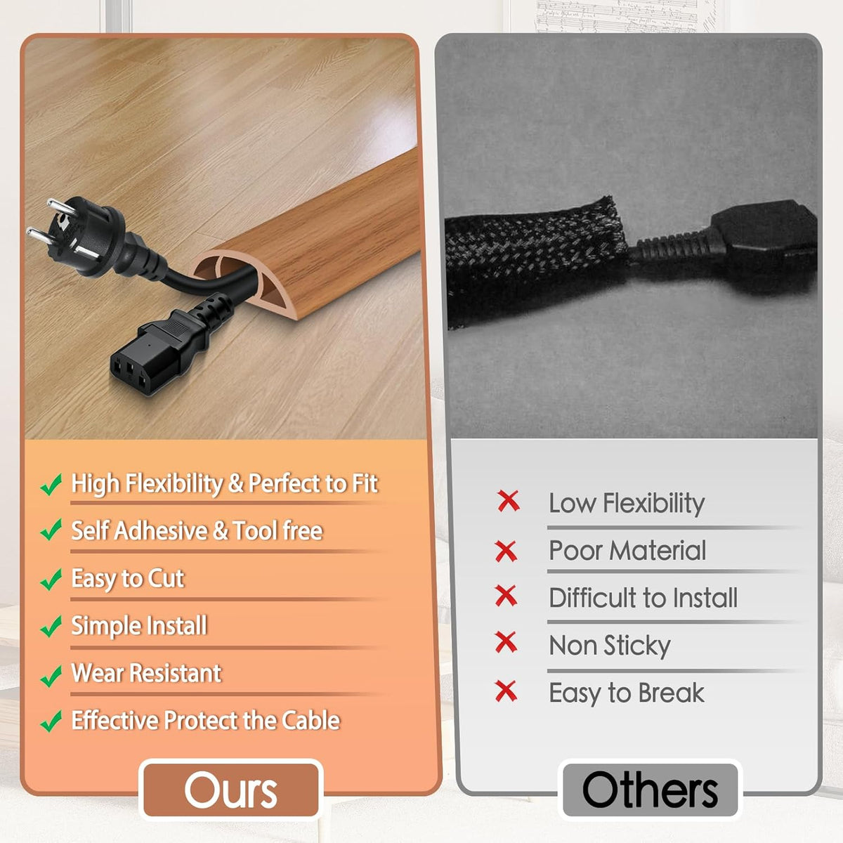 Floor Cord Cover for Wires on Floor Self Adhesive Cord Hider Floor Cable Management Wire Covers for Cords Protector Prevent Cable Trips Cord Cavity W 0.59" x H 0.31", Brown Wood, 3.3Ft